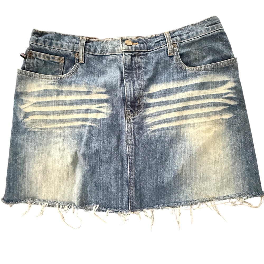 Polo Jeans Co Ralph Lauren Blue Denim Mini Knee Skirt Distressed Raw Hem Size 12